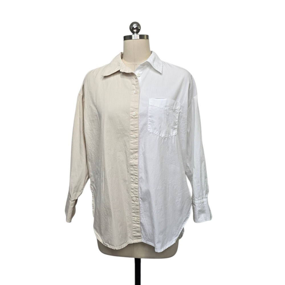 Maeve Anthropologie Colorblock Cotton Button Down Shirt White Beige XS OB1984842
